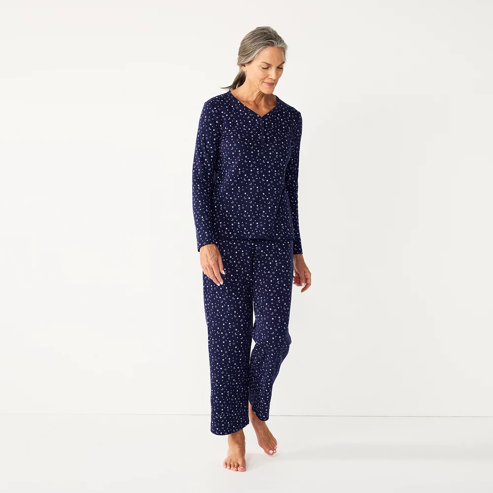 Women's Croft & Barrow® Textured Knit Henley Long Sleeve Pajama Top & Pajama Pants Sleep Set