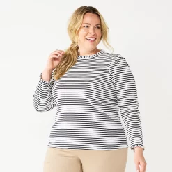 Plus Size Croft & Barrow® Long Sleeve Ruffle Neck Top