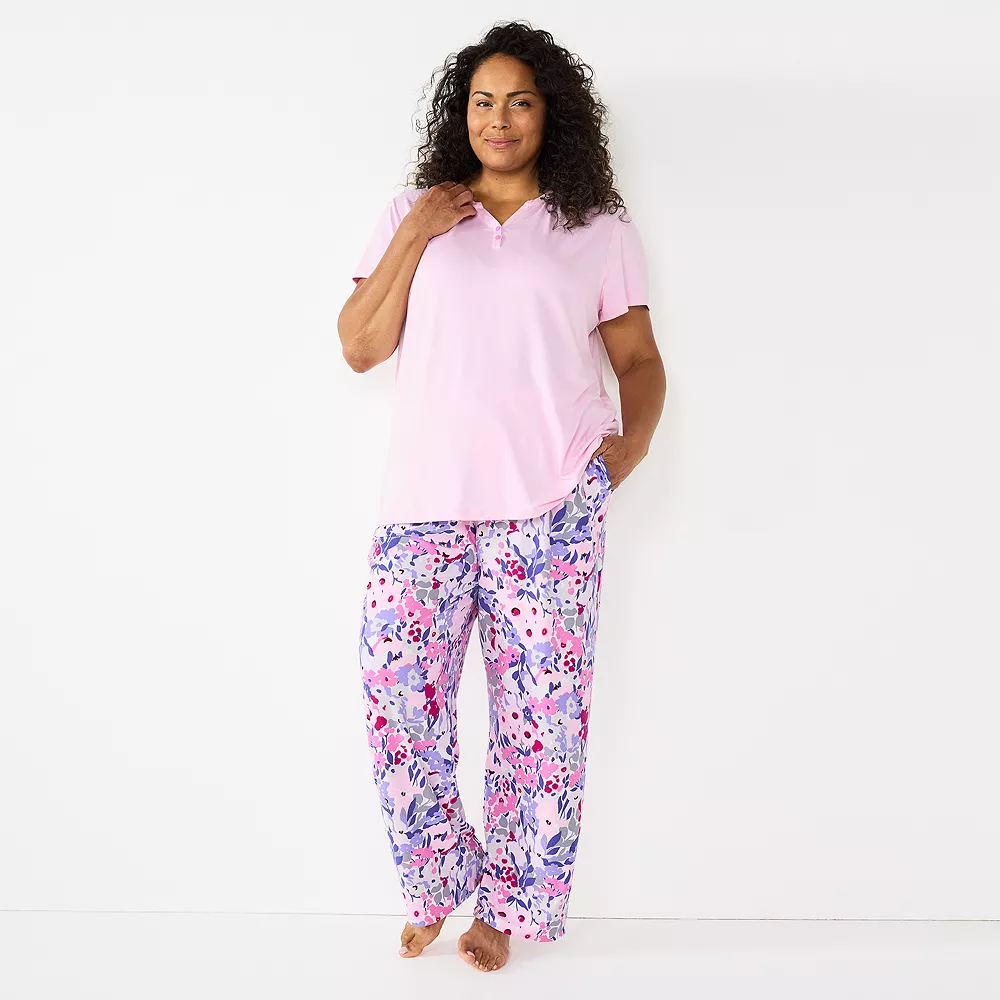 Plus Size Croft & Barrow® Short Sleeve Henley Pajama Top & Pajama Pants Sleep Set